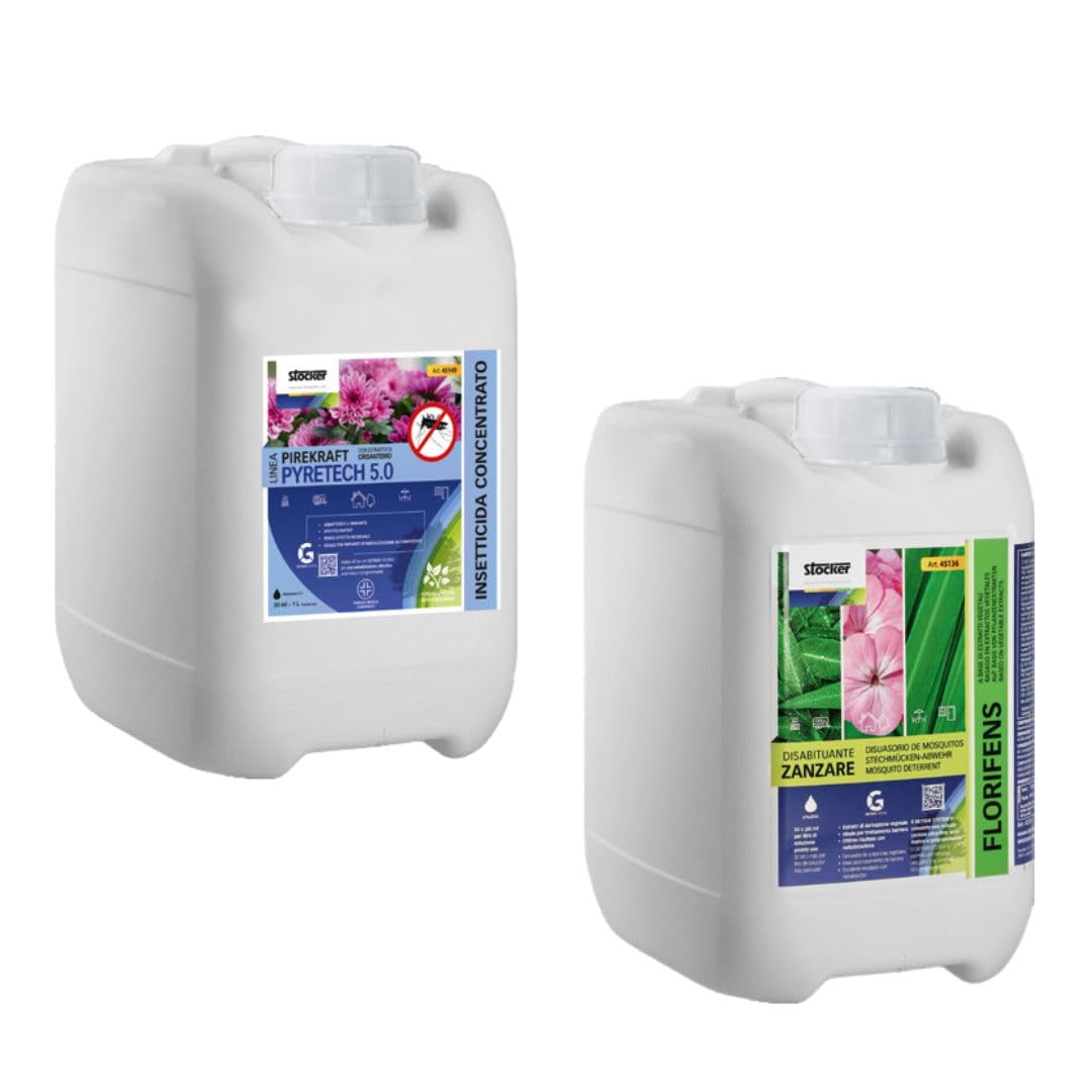 Stocker Kit Antizanzare Professionale 10L (Pirekraft 5L + Florifens 5L) - Insetticida PMC al Piretro Naturale e Disabituante Botanico per Sistemi di Nebulizzazione Geyser e Manuali