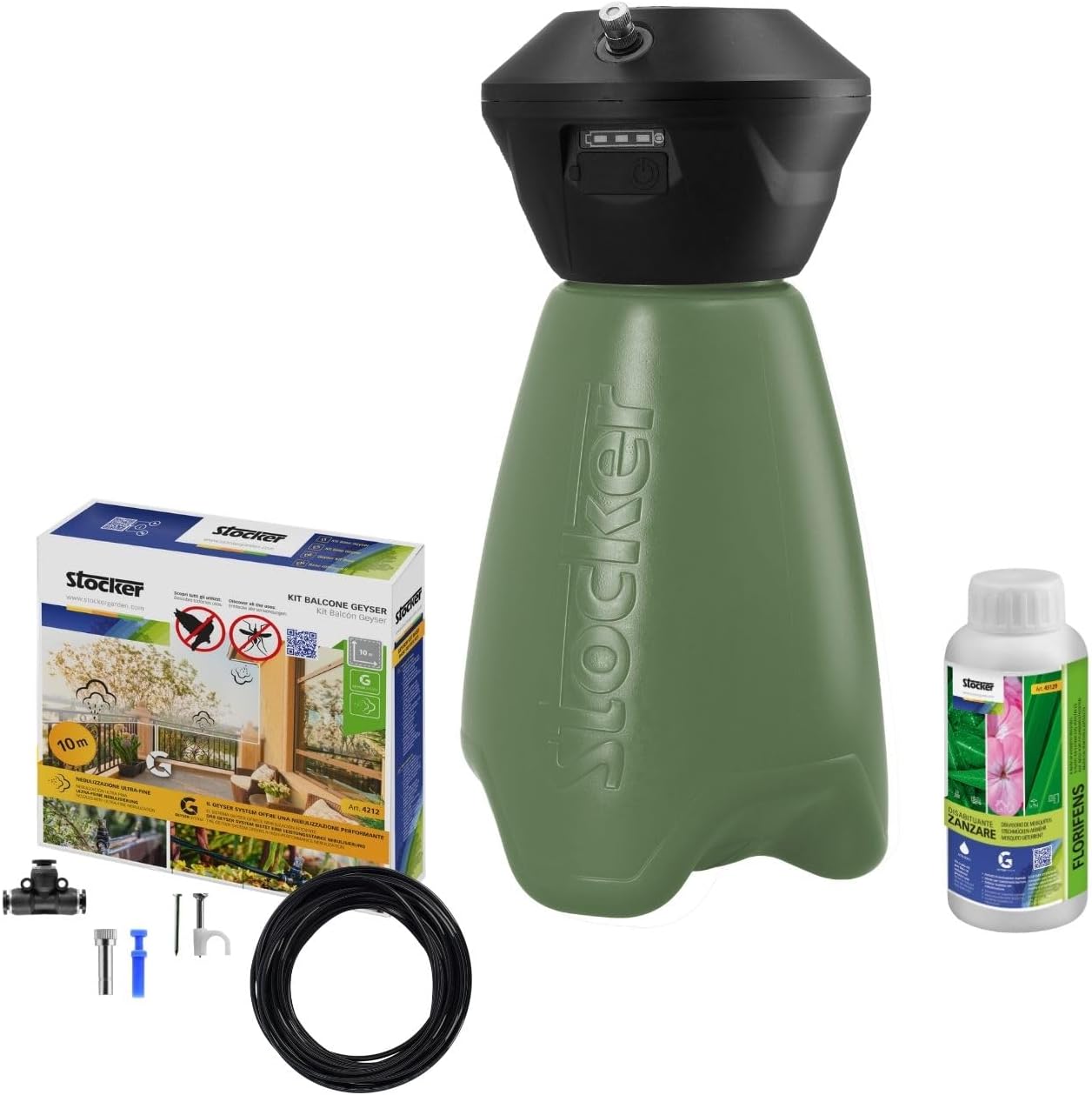 STOCKER - Geyser Nebulizzatore 2 L Li-Ion - Kit Completo Anti-Zanzare con Batteria Li-Ion 3,6 V, Serbatoio 2 L e 10 m di Tubo - Copertura Perimetrale fino a 10 mq