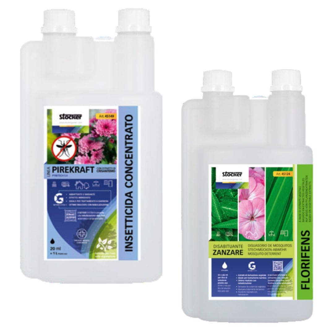 STOCKER Kit Anti-Zanzare e Pappataci Completo 40005 | PIREKRAFT Insetticida 500ml + FLORIFENS 1L | Per Nebulizzatori Geyser e Pompe a Pressione | Effetto Abbattente e Barriera Naturale | Non Macchia