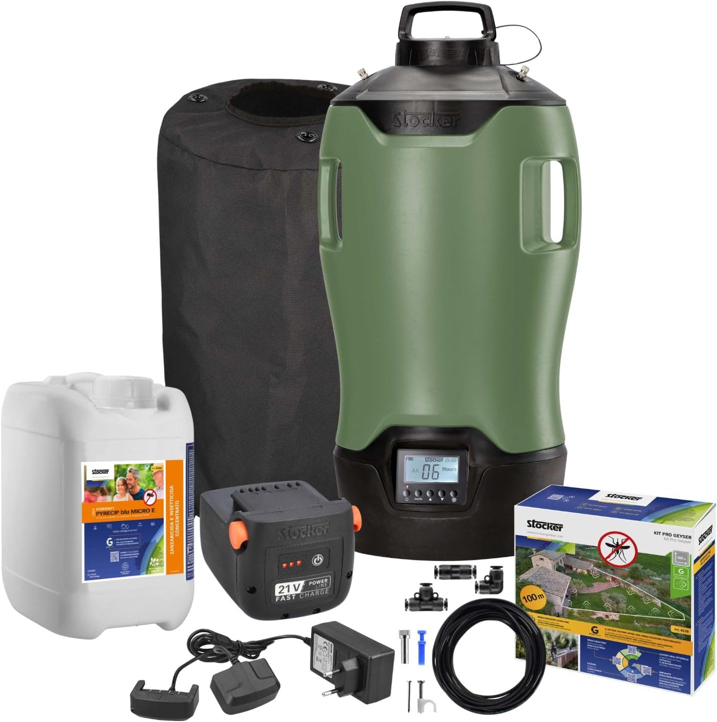 STOCKER - Geyser Nebulizzatore 25 L MI 21 V - Kit Completo Anti-Zanzare con Batteria Li-Ion 21V, Serbatoio 25L e 100 m di Tubo - Copertura fino a 400 mq - Sistema di Miscelazione Interna