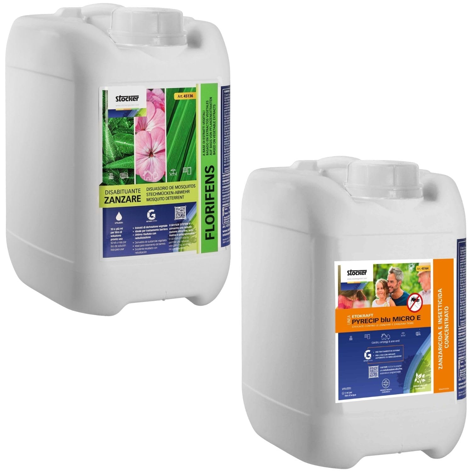 STOCKER - Kit Antizanzare Professionale 5 L Zanzaricida Linea Etokraft Pyrecip Blu Micro E + 5 L Disabituante zanzare Florifens Barriera Vegetale - Trattamento per Aree Esterne e Giardino