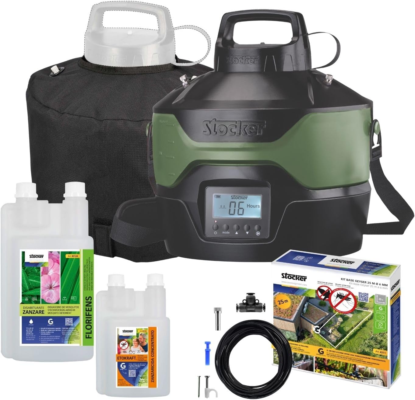STOCKER – Kit Nebulizzatore Geyser 4L con Timer e Pompa Automatica, Batteria 12V, Copertura di 40 m² estendibile, Sistema Antizanzare con 250 ml Zanzaricida e 1 L Disabituante