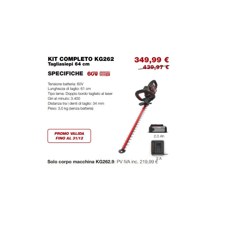 Kit Tagliasiepi Senza Spazzole Kress 60 V 64 cm Art. KG262.9 + Batteria da 2.0 Ah + Caricabatteria + OMAGGIO BATTERIA 2.0 Ah