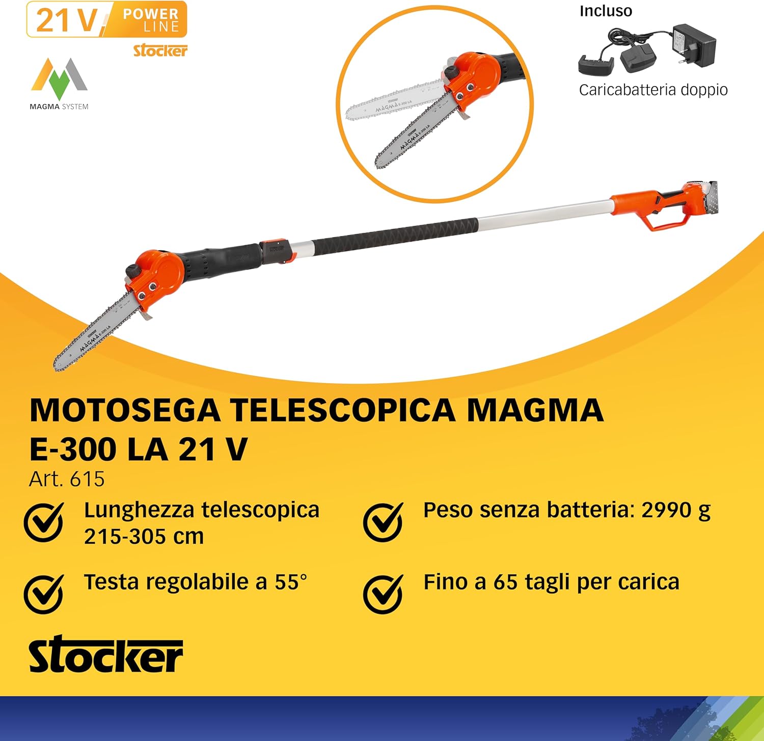 Kit Stocker Motosega Telescopica + Batteria Power 21V 4 Ah + OMAGGI