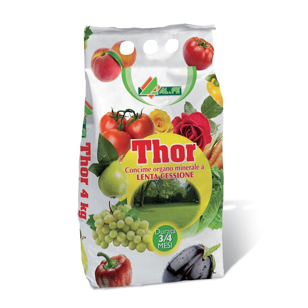 THOR Concime Organo Minerale 4 Kg NPK (MgO) (SO3) 10-6-14-(2-18) con Boro (B) Ferro (Fe) e Zinco (Zn) a Lenta Cessione Cod. 1A00THORC08